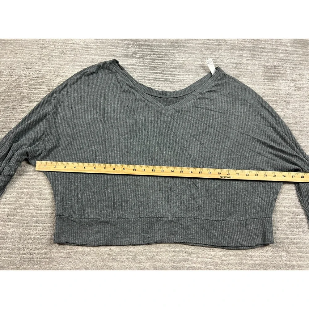 Auden Sleep Top Womens L Gray Ribbed Knit Long Sleeve V-Neck Relaxed Cropped